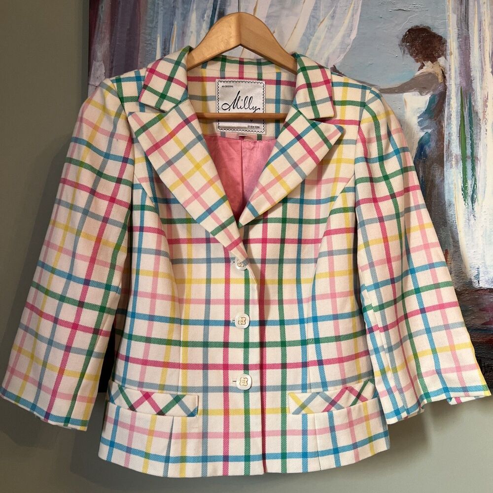 Milly of New York Women’s Sz 6 Plaid Check Print Blazer Multicolor 100% Wool